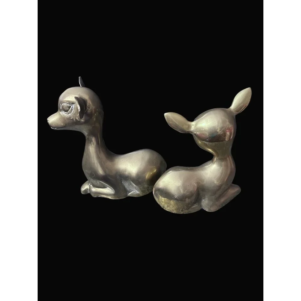 Solid Brass Reclining Deer Fawn Figurines Set of 2 Mid Century Modern MCM